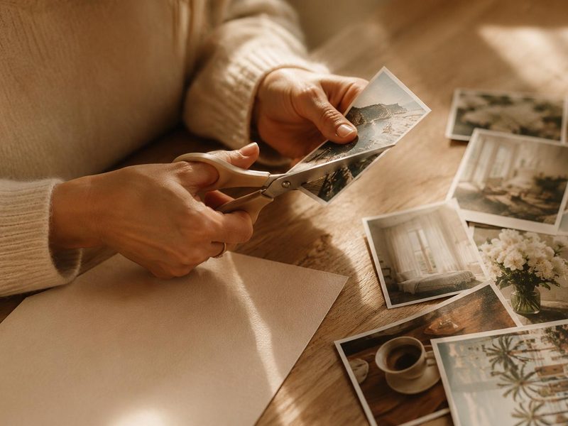 Unas manos recortando una fotografía impresa sobre una mesa de madera clara