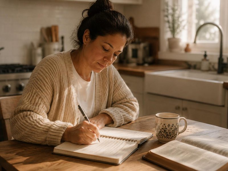 Una mujer escribiendo en un cuaderno en la mesa de la cocina, temprano por la mañana