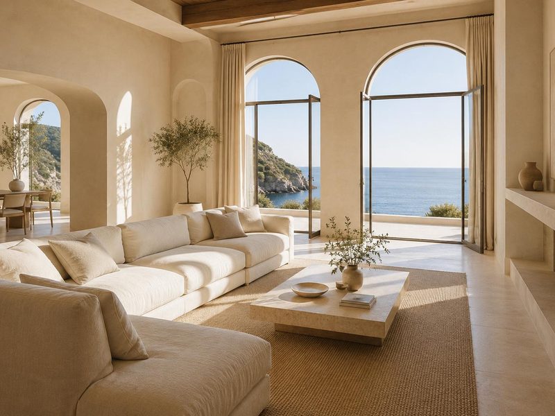 Un salón luminoso y perfecto con vistas al mar, completamente vacío
