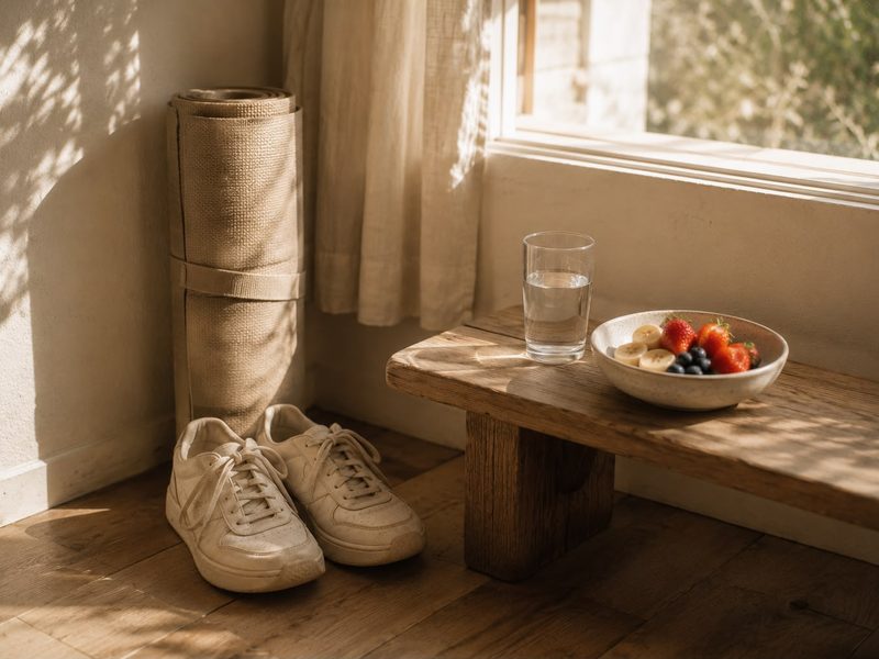 Zapatillas y fruta junto a una ventana
