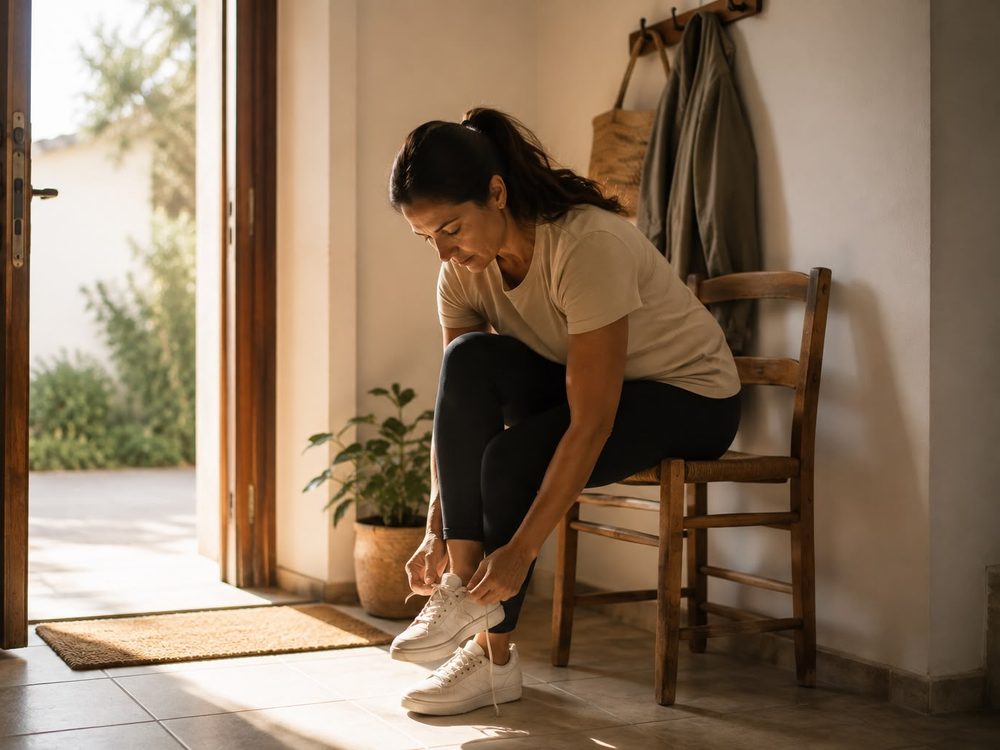 Mujer atándose las zapatillas junto a la puerta